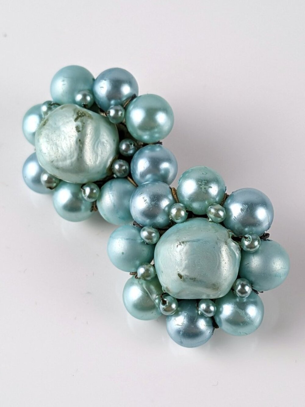 Vintage Aqua Blue Pearl Beaded Clip-on Earrings